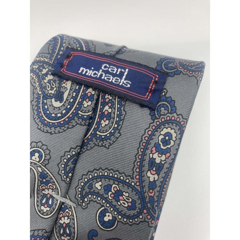 Carl Michaels Classic Gray Blue  Paisley 100% Silk‎ Italian Tie EUC